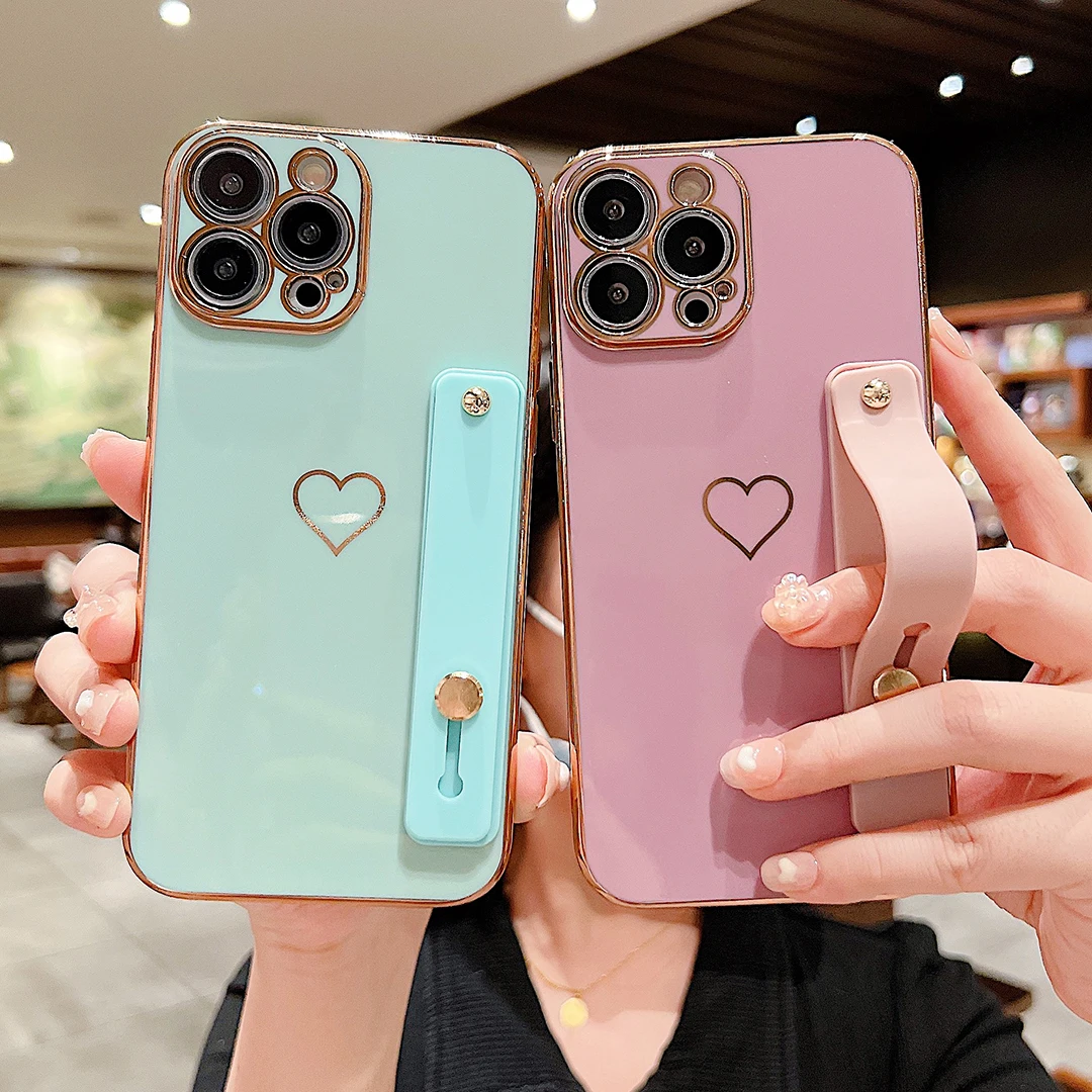 

Роскошный чехол с сердечком и ремешком на запястье для iPhone 14 12 11 13 Pro Max 14 Plus, мягкий силиконовый ударопрочный чехол с держателем