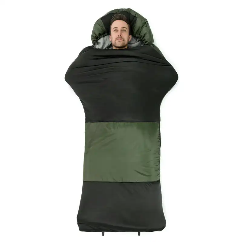 

High Quality, Olive Color 38.5F Temperature Rated Rectangle Contour Sleeping Bag, 88.5x30in for Maximum Comfort and Warmth.