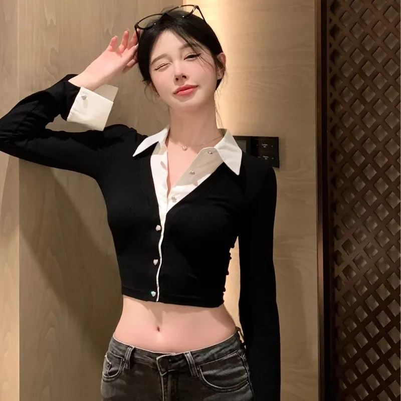 Футболки Y2K в стиле пэчворк Короткие топы с V-образным вырезом облегающие