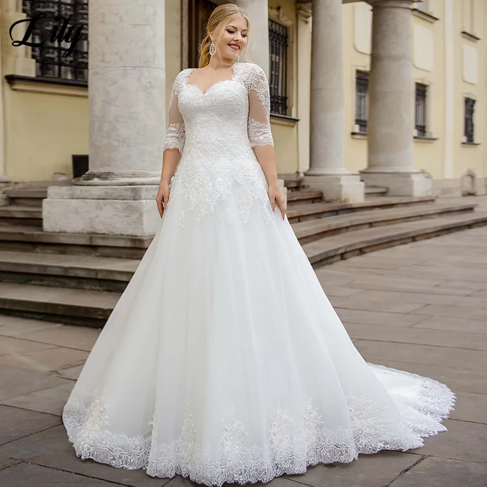 

Plus Size A-line Wedding Dress 2023 Sweetheart Half Sleeves Lace Chapel Train Tulle Bridal Gown with Applique Vestido De Novia