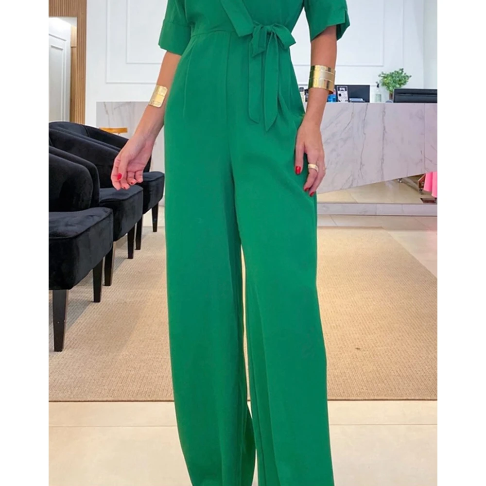 Brazilian Style Summer Women Lace Up Wide Leg Green Jumpsuits Office Lady Half Sleeve V-Neck Elegant Belted Workwear Outfits