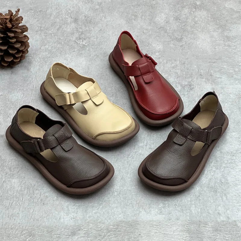 Whensinger - 2023 New Arrival Genuine Leather Shoes Women Round Toe Flats Buckle Strap Design 8566 Casual sneakers