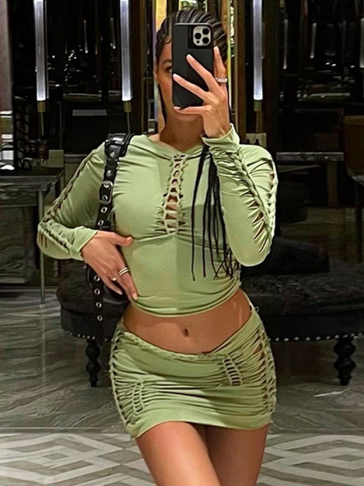 

BOOFEENAA Two Piece Set Club Outfits Women Sexy Cut Out Mini Skirt and Crop Top Festival Clothing Rave Baddie Streetwear C70DE25