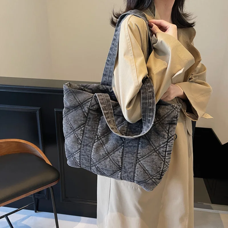 Японская джинсовая хлопковая сумка-тоут с сетчатым дизайном для осени и зимы