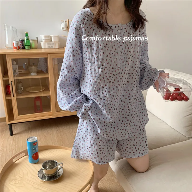 Qweek Women's Pajamas Cotton Home Suit Pyjamas Summer 2021 Korean Pijamas Sleepwear Buttons Printing Pj Set Kawaii Homewear