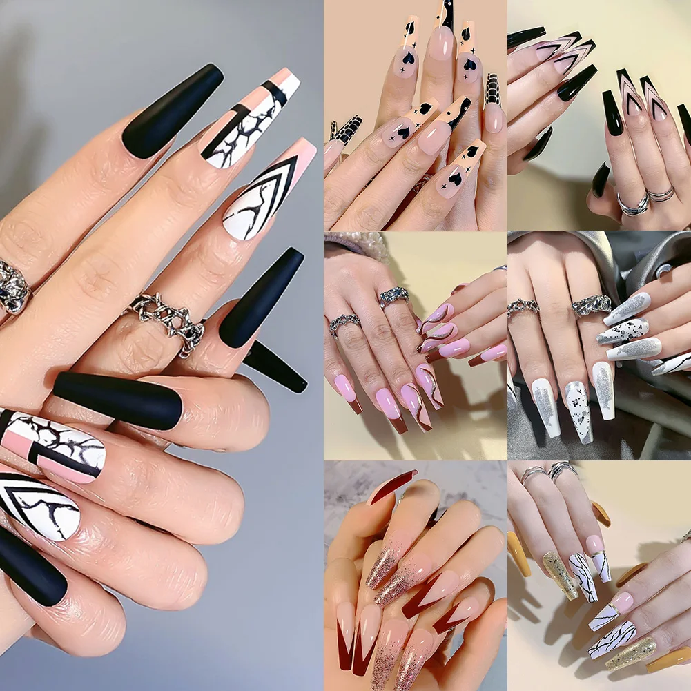 

24Pcs/Box Nail Art Fake Nail Tips Long Coffin Ballerina Press On False Nails Full Cover Artificial Nails For Women