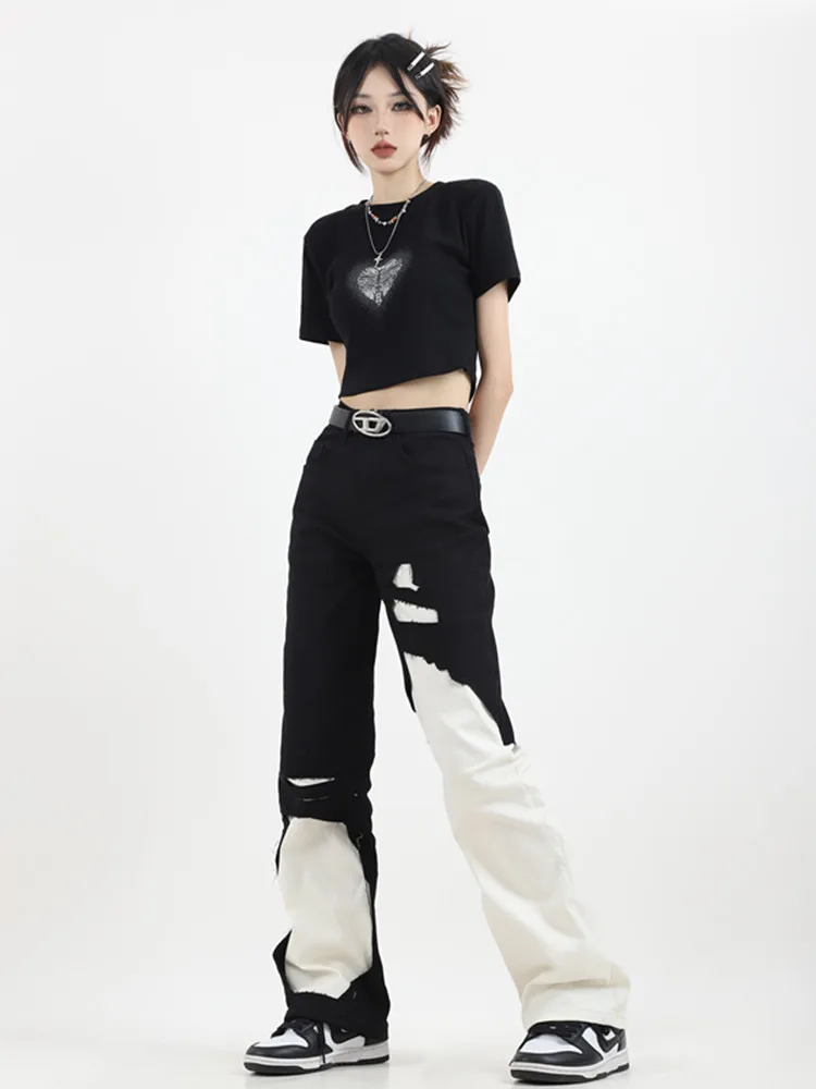 BULOCHOVA American Street Retro Contrast Color Loose Straight Jeans For Women High Waist Cowboy Cargo Wide Leg Pants 2023 New