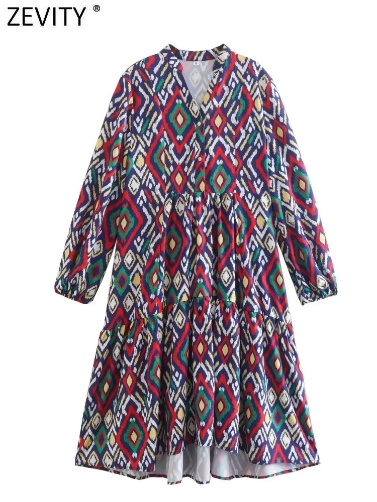 

Zevity женское винтажное свободное миди-платье контрастных цветов с геометрическим принтом, женское шикарное повседневное ретро-платье с аси...