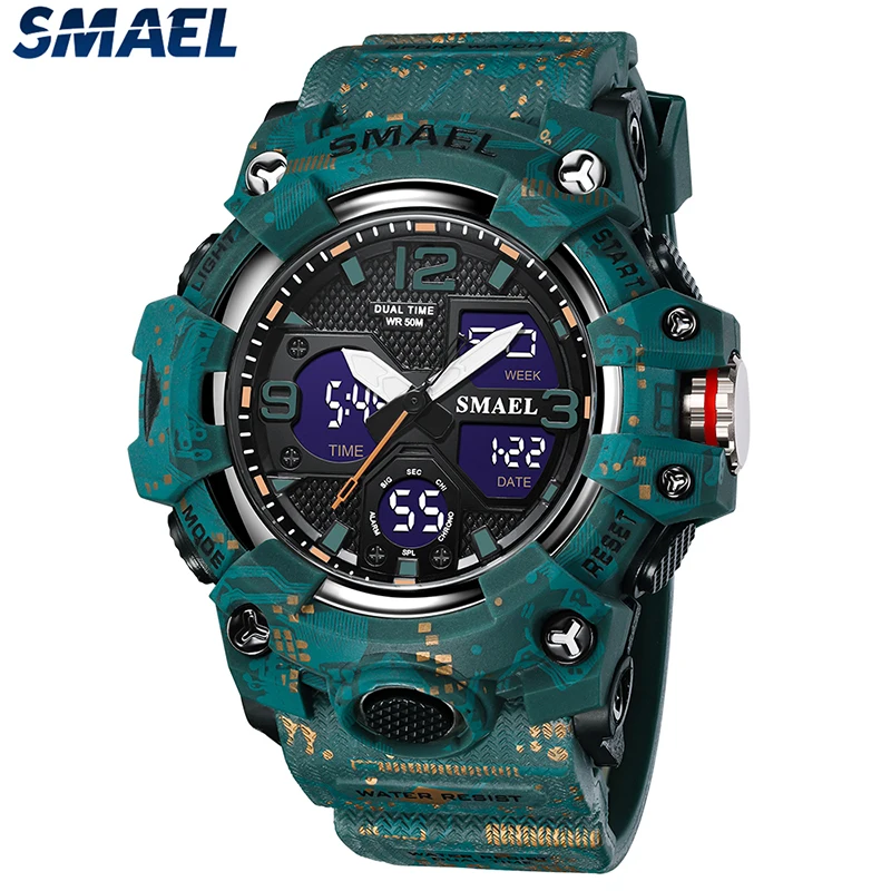 

Men Watches Sport SMAEL Military Watch Camouflage Style 50M Waterproof Clock Alarm Stopwatch 8008 Quartz Wristwatches For Men