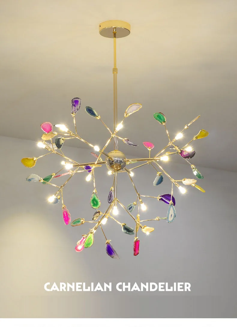 

Nordic Firefly Model Colorful Carnelian Chandelier Golden Branches Pipe Erected with Colored Agates G4 LED Light for Living Room