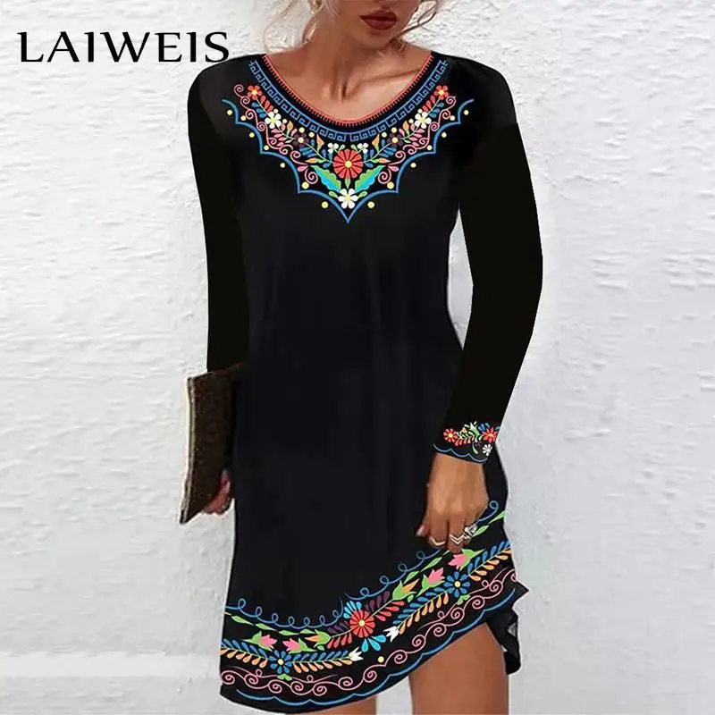 

LAIWEIS Dress Women Fashion Long Sleeve Printed Casual Dresses Autumn Winter Pullover Party Dress Female