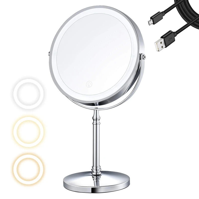 

Makeup Mirror with Lights, 1X/10X Magnifying LED Vanity Mirror, Chrome 3 Color Dimmable Lighting 360 Degree Make up Mirror
