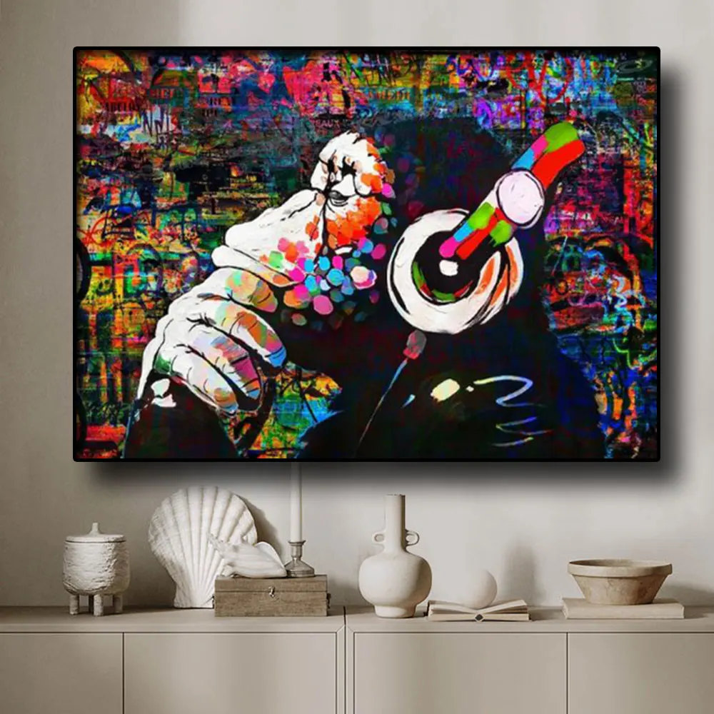 

DJ Monkey Graffiti Canvas Painting Hip Hop Street Art Poster and Prints Pop Art Wall Picture Artwork for Living Room Home Decor