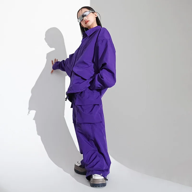 Фото Детская одежда в стиле K-pop и хип-хоп: фиолетовая легкая куртка, широкие брюки карго для девочек и мальчиков, костюм для джазовых танцев №4