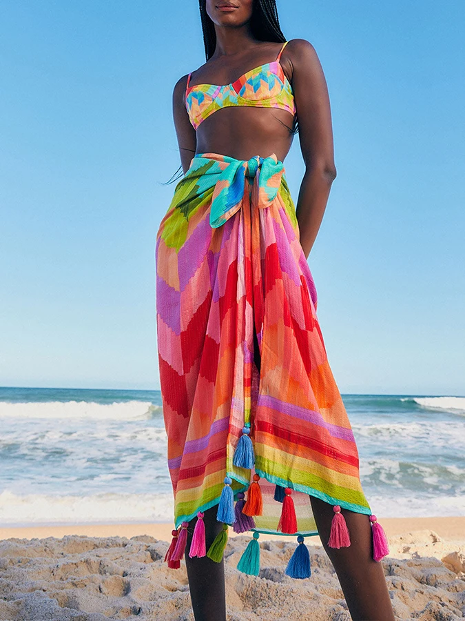 

Fashion Rainbow Colorblock Beach Bikini Fringe Set