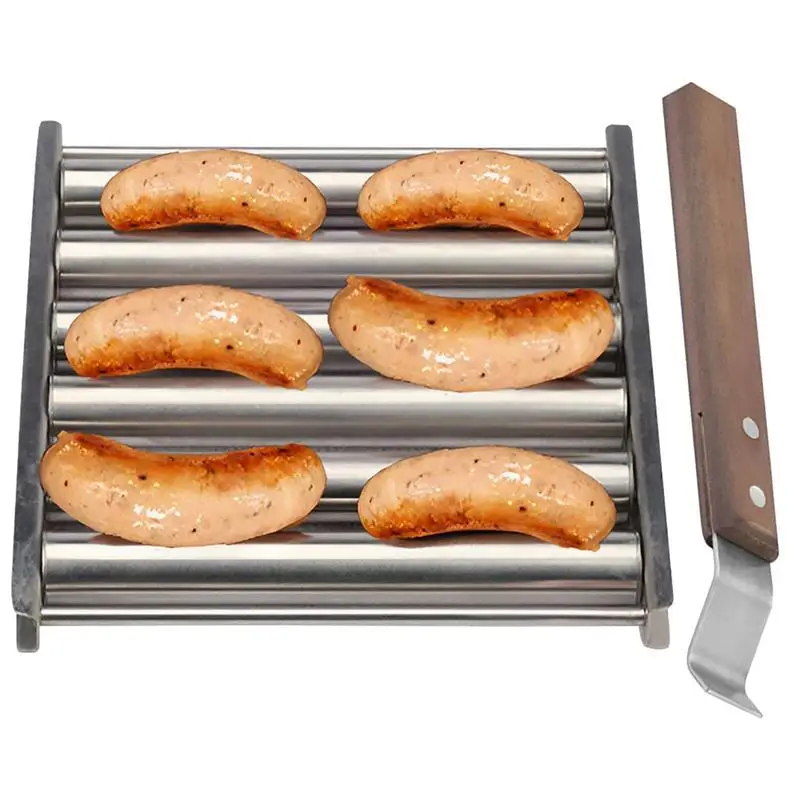 

Hotdog Roller Grill Accessories with Wood Handle Stainless Steel Sausage Roller Rack for Hot Dog Sausage Egg Rolls Buns Burritos