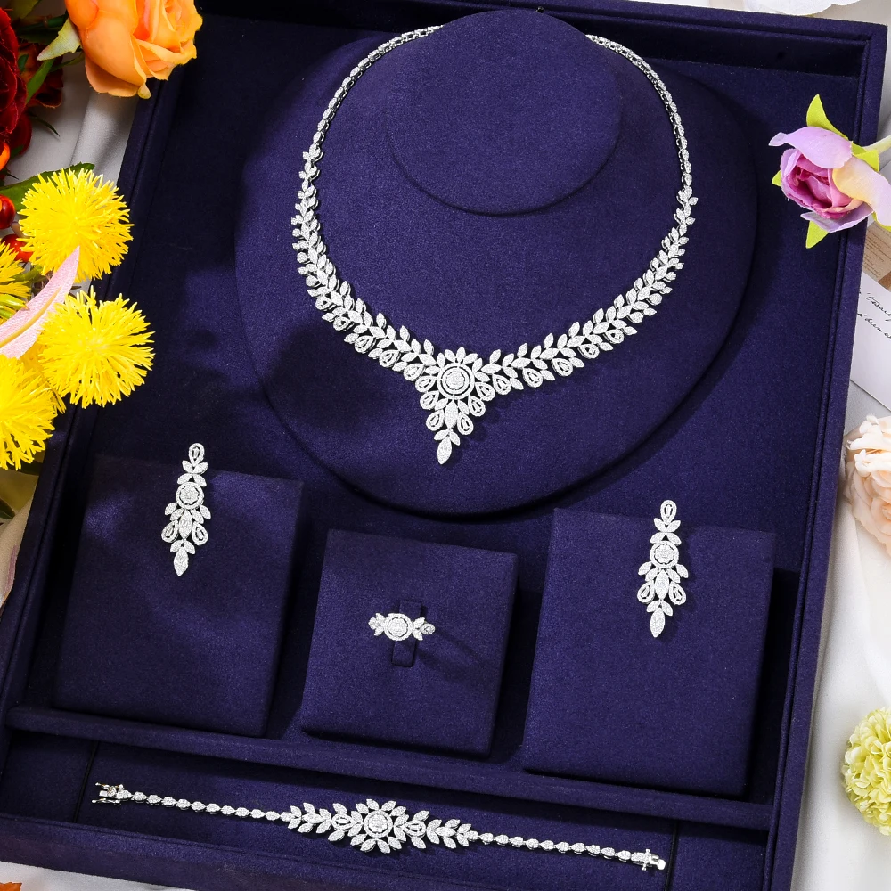 

Blachette 2022 High Quality Luxury Zircon Necklace Bracelet Earring Ring 4PCS Ladies Wedding Exquisite Dubai African Jewelry Set