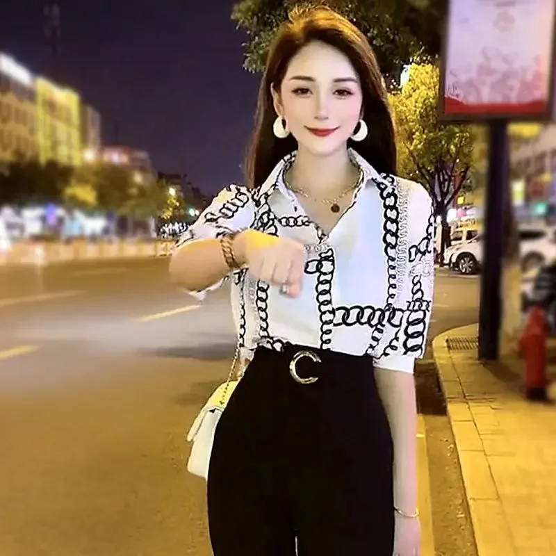 Женская рубашка и блузка с коротким рукавом белая одежда топы черным принтом для