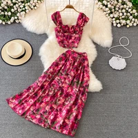 womens summer holiday dress set floral sleeveless crop tank top a line midi dress lady bohemian sweet two pieces skits set
