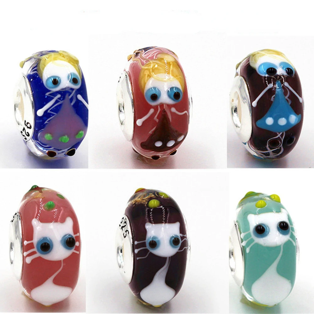 

3D Cat Murano Glass Charms 925 Sterling Silver Core Bead Fits Pandora 925 Origina Bracelet Charm Pendant Beads for Jewelry Gift
