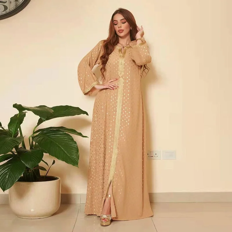 Golden Printed Abaya Dresses Jalabiya for Women 2022 Loose Casual Kaftan Muslim Modest Robe Islam Dubai Arabic Moroccan Caftan