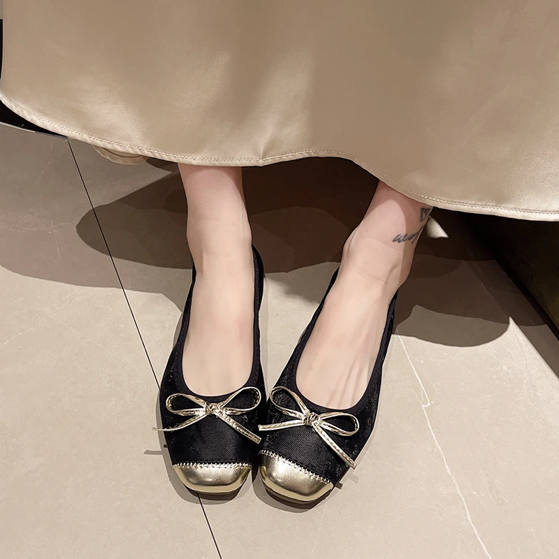 Женские туфли с бантом 2025 г. женская обувь балетки на плоской подошве квадратным