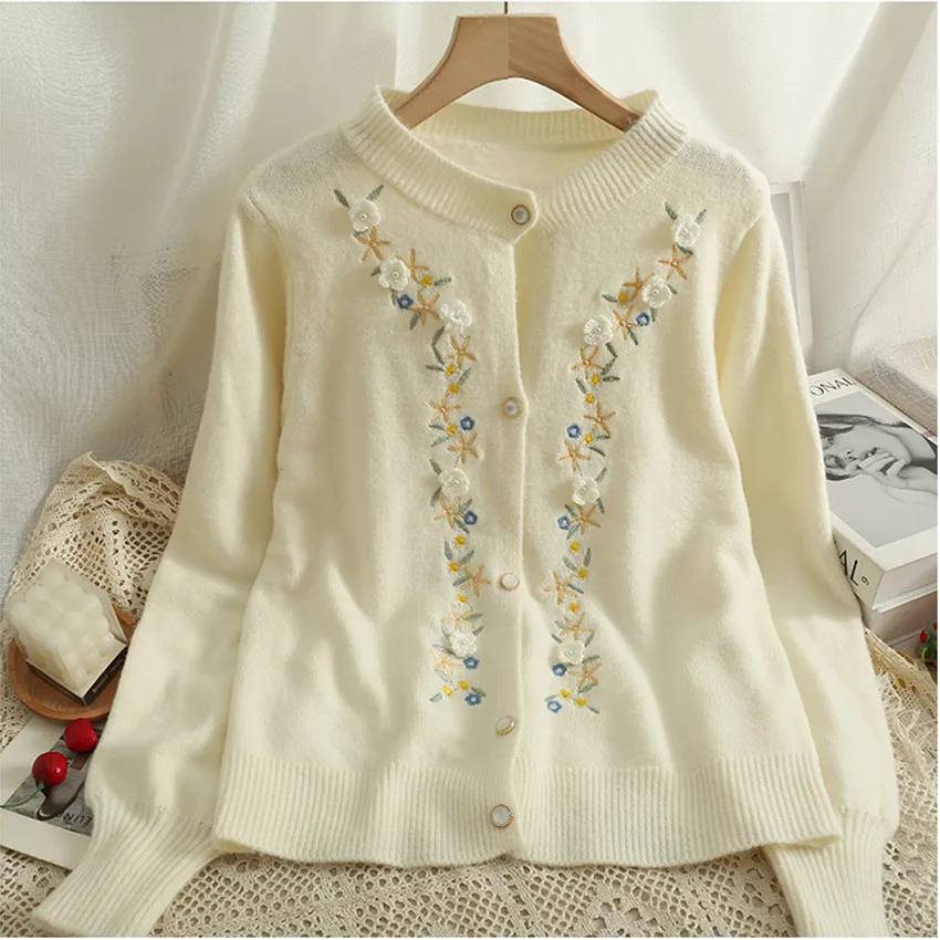

Korean Fashion Floral Embroidery Elegant Sweater Cardigan Women Single Breasted Knitted Cardigans Autumn Winter Pull Femme