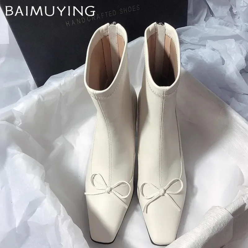 Женские ботильоны на высоком каблуке с бантом элегантная кожаная обувь