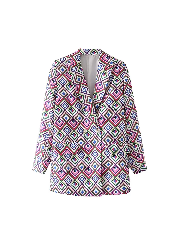 

BM&MD&ZA Women 2022 Autumn New Fashion printing Double Breasted Blazer Coat Vintage Long Sleeve Pockets Female Outerwear Chic