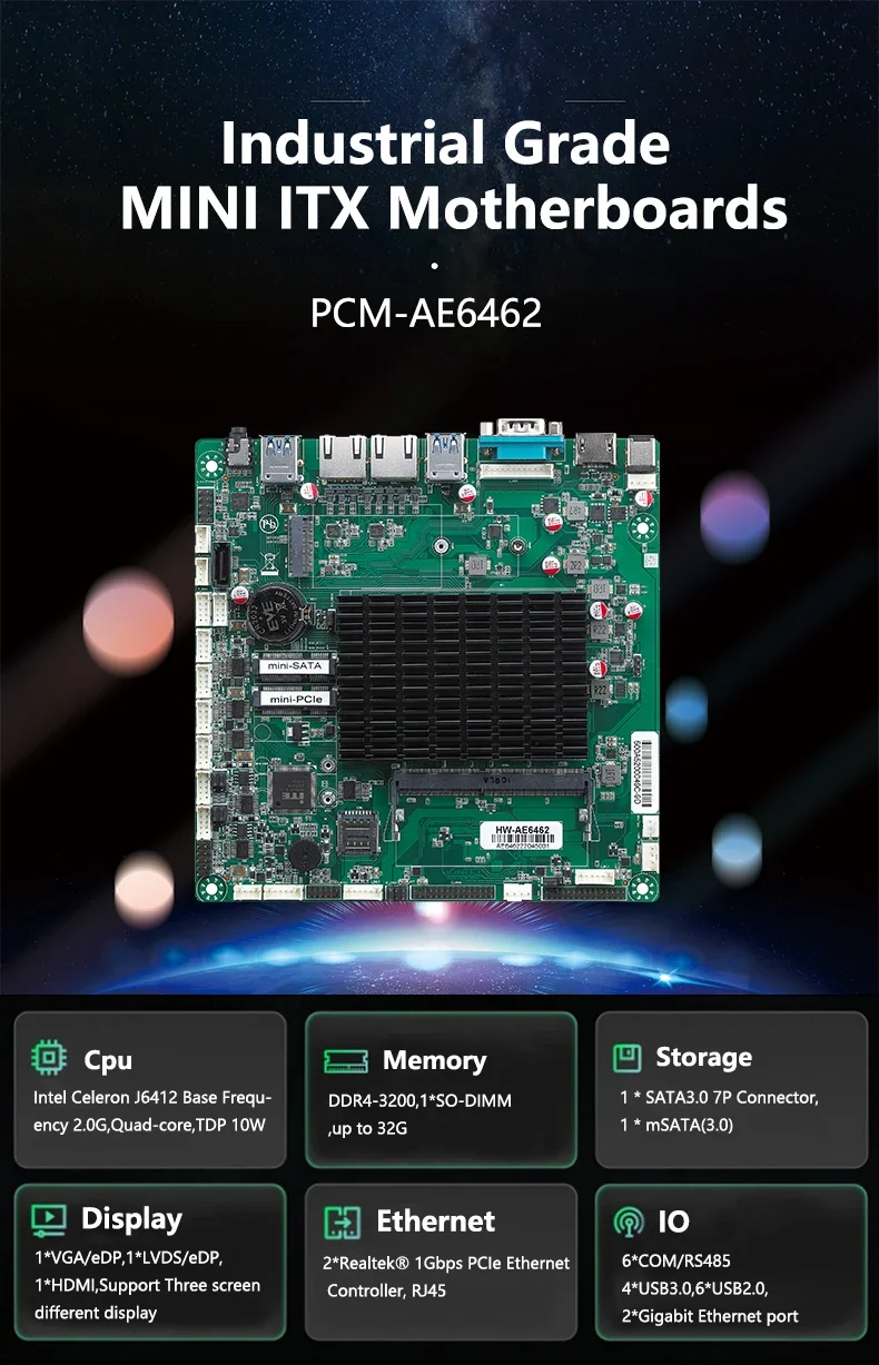 Долговечная материнская плата с тройным дисплеем J6412 CPU HD lvds Mini Itx