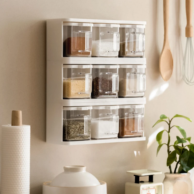

Kitchen Wall-mounted Seasoning Box Set Household Combined Moisture-proof Plastic Salt Spice Storage Rack Kitchen Organizer Tools