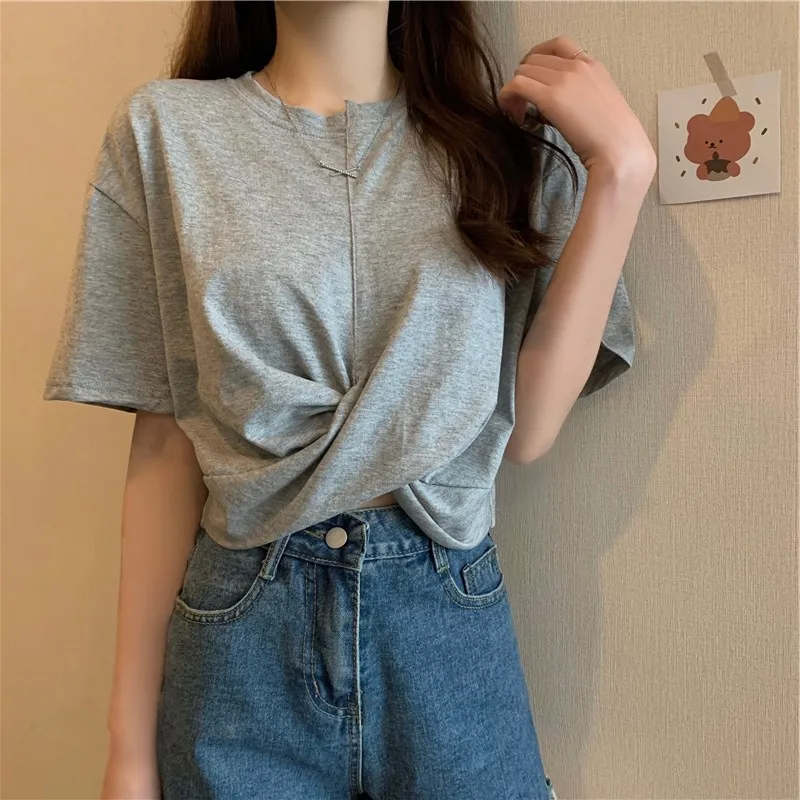 

Хлопковая женская футболка, летние свободные топы со складками, Необычные новые футболки 2022, модная женская одежда с коротким рукавом в сти...