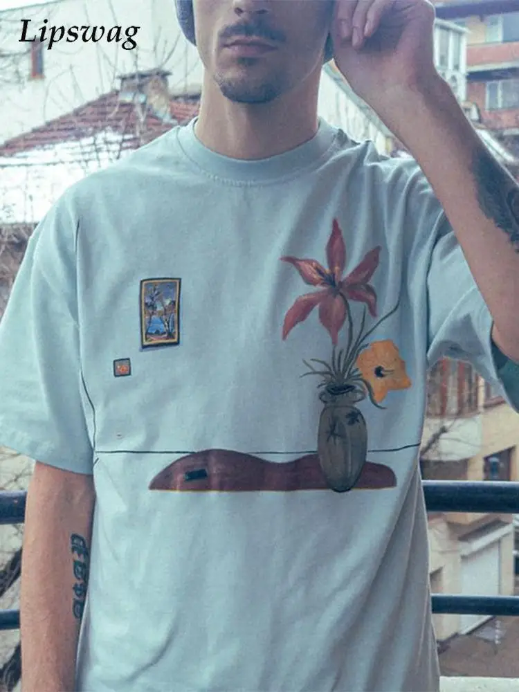 

Casual Ribbed O-Neck Short Sleeve T Shirts Men Vintage Printed Loose Tops Mens Pullover Summer Fashion Clothing Male Streetwear