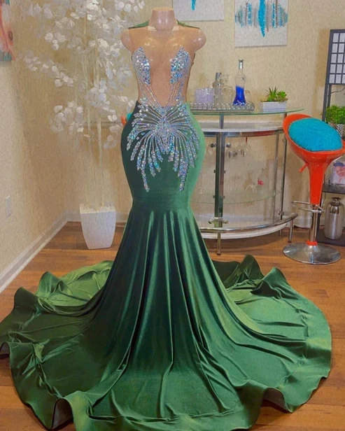 

Green African American Prom Dresses Mermaid Sheer Beaded Crystals Black Girls Nigeria Robe De Soiree Evening Dresses Gown
