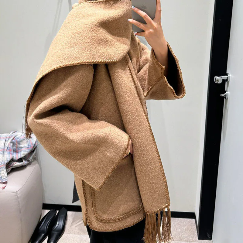 Подиумное женское новое коричневое шерстяное пальто с шарфом и воротником