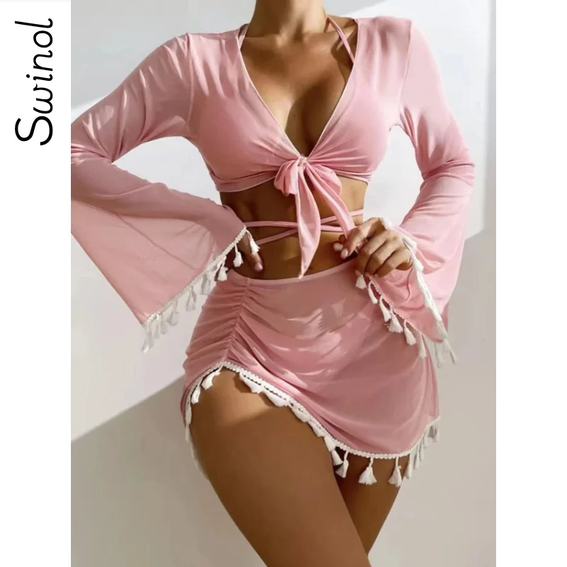 

Сексуальный женский купальник Swinol из 4 предметов с юбкой, купальник, комплект бикини на шнуровке, женское бикини с пуш-ап, однотонная пляжная одежда для купания