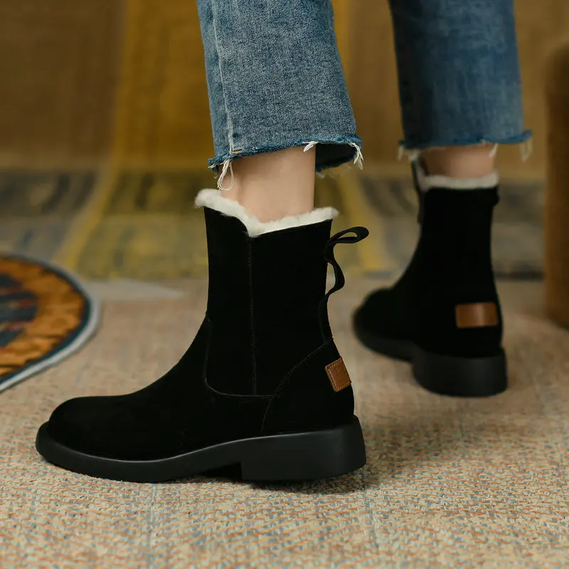 New Arrival Winter Warm Thick Plush Women Ankle Snow Boots Elegant Concise Fashion Genuine Leather Flat Shoes Woman images - 6