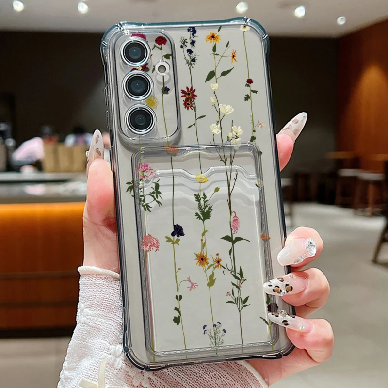 Little Flowers Soft Case For Samsung Galaxy S24 S23 S22 Ultra Plus S21 FE A55 A52 A54 A15 A14 A35 A34 A05 Card Bag Clear Cover