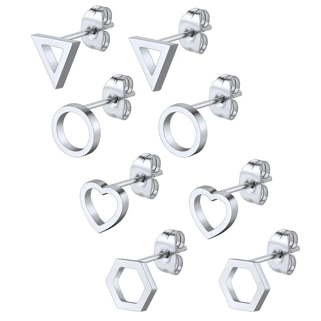 

WKOUD 1-4 Pairs Stainless Steel Mens Classic Design Heart/Hexagon/Triangle/Round Stud Earrings Set Punk Ear Piercing Studs 6-8mm