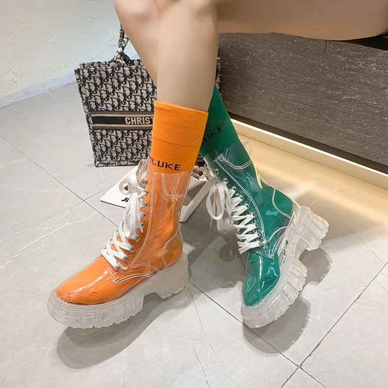 2022 Cool Fashion Women Transparent Platform Boots Waterproof Ankle Boots Feminine Clear Heel Short Boots Sexy Female Rain Shoes