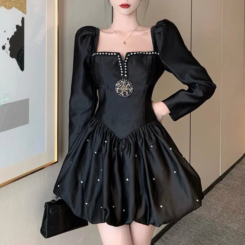 

Spring New Black Party Dress Chic Design Square collar Beaded Rhinestone Deco Puff Sleeve Slim Ball Gown Mini Dresses for Women