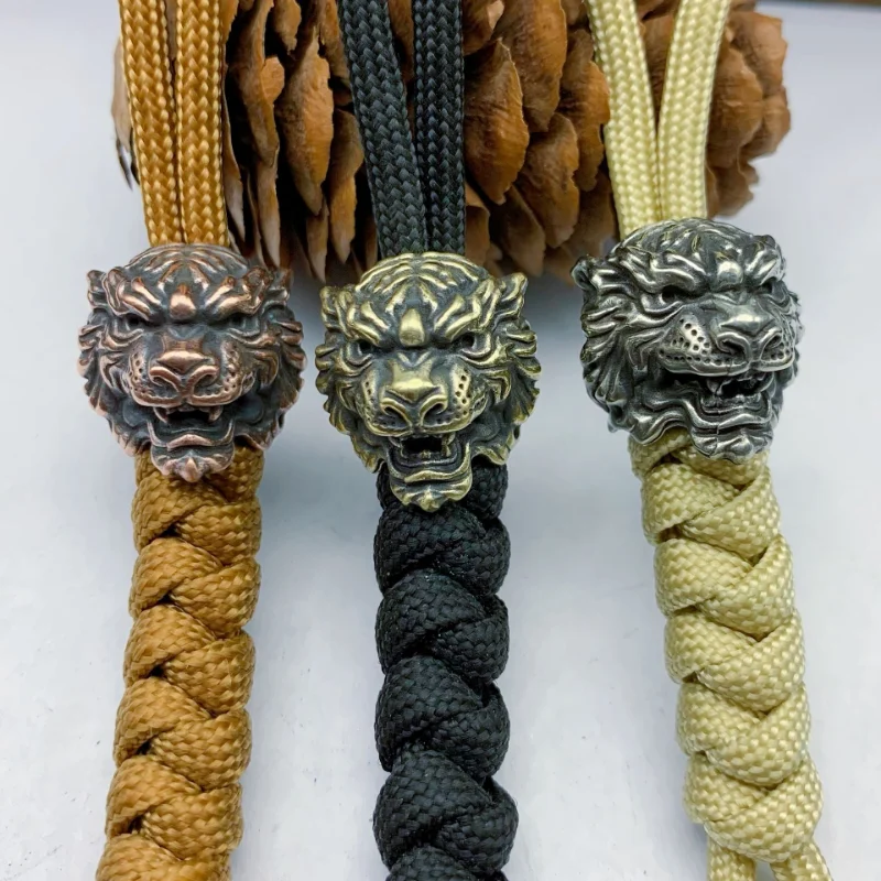 Animal Tiger Head Brass Umbrella Rope Beads DIY Knife Accessory Retro Keychain Pendan Outdoor Survival Tool Lanyard Hanging