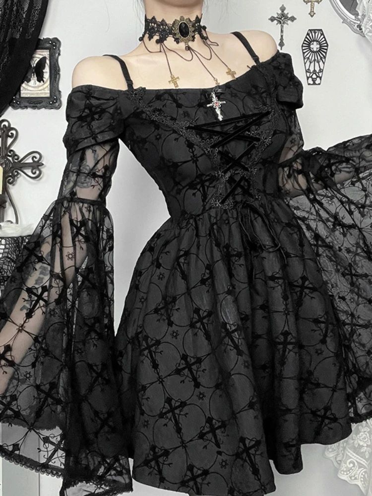Готическое панк-кружевное короткое платье женское лоскутное с паутиной и