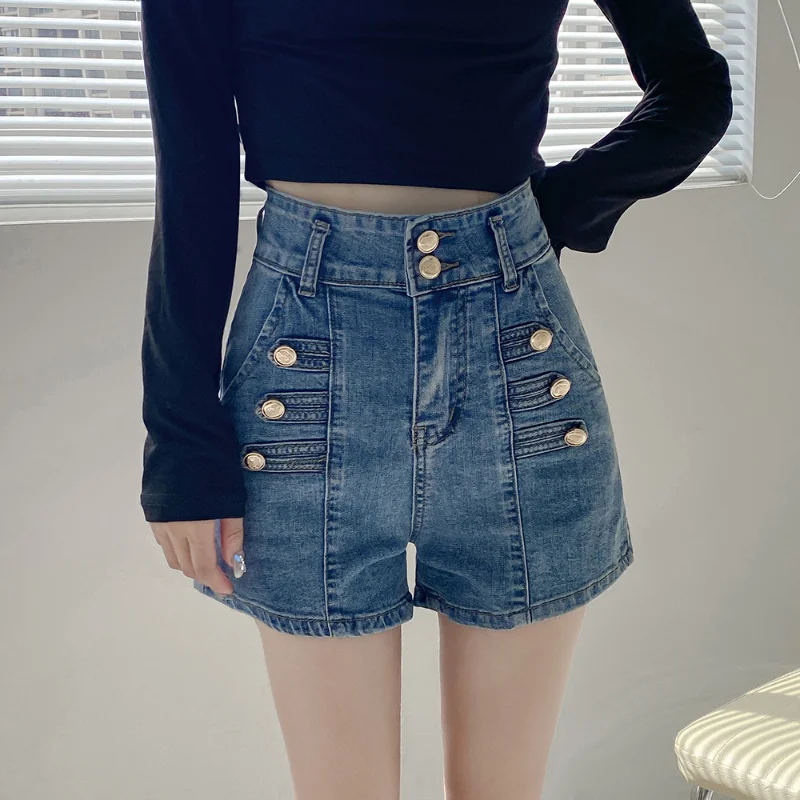 High Waisted Double Grain Buckle Denim Shorts Women Summer Solid Color Thin A Line Loose Slimming Hot Pants Spicy Girls Fashion