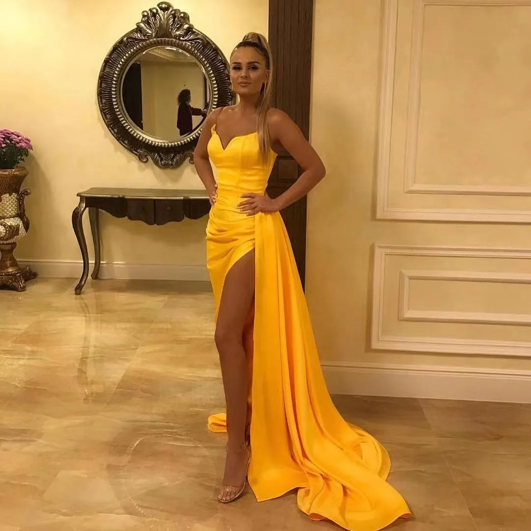 

Yellow Mermaid Evening Dresses For Women Satin Sleeveless High Slit Pleat Night Party Formal long Prom Dress robes de soirée