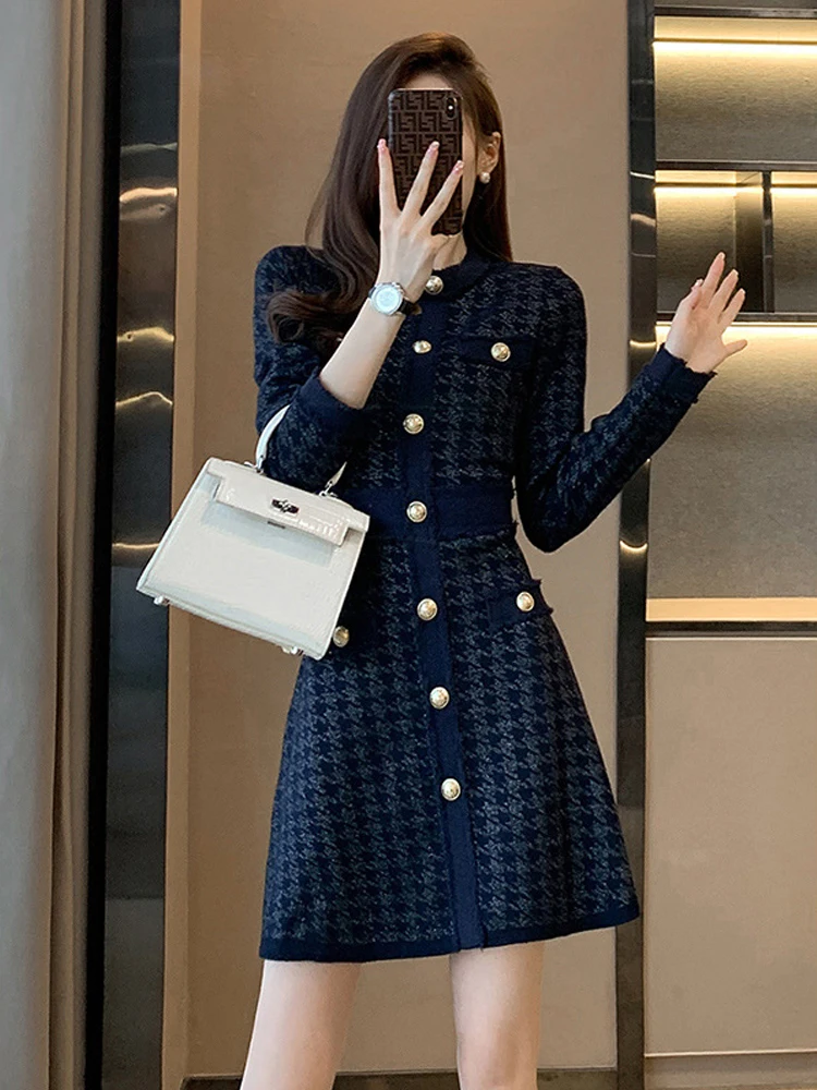 7059#Early Autumn 2022 Women's French Fashion Age-reducing Premium Vintage Blue Houndstooth Dress