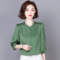 2022 summer new design stand collar women shirts korean fashion clothing acetate satin office lady three quarter blouses