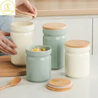 700/1100ml Ceramic Round Food Storage Jar with Bamboo Lid Kitchen Coffee Beans Tea Grains Canister Home Snack Nut Storage Tank