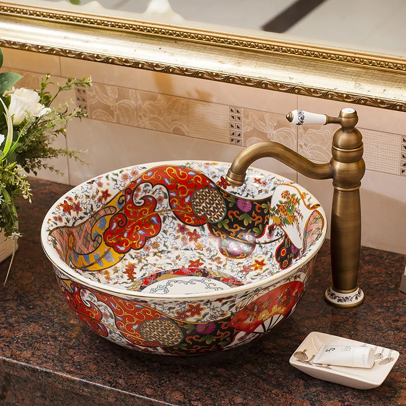 

Antique Art Basin Ceramic Pattern Above Counter Basin European Washbasin Household Washbasin Small Apartment Vessel Sinks