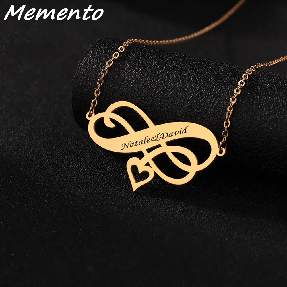 

Memento Custom Double Infinity Necklace Personality Stainless Steel Heart Nameplate Gold Pendant Choker For Women Jewelry Gift